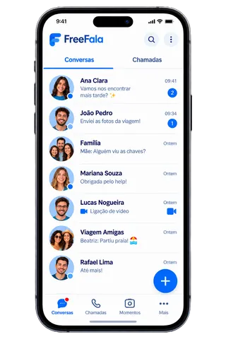 Aplicativo FreeFala no celular com lista de conversas e chamadas