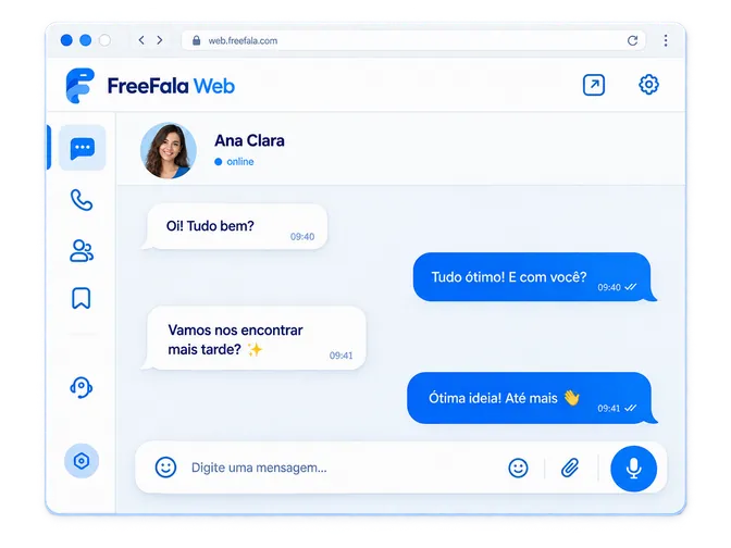 Interface do FreeFala Web exibindo uma conversa com Ana Clara