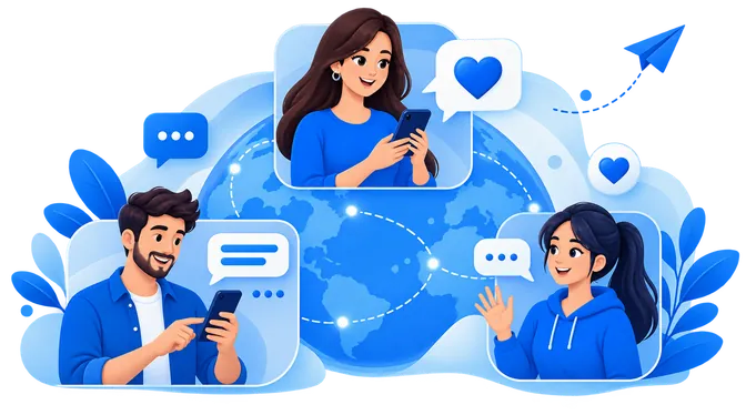Ilustração de pessoas conectadas por mensagens no FreeFala